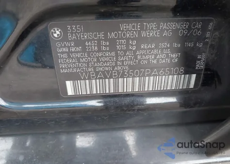 2007 BMW 335I from USA, damaged, VIN WBAVB73507PA65108